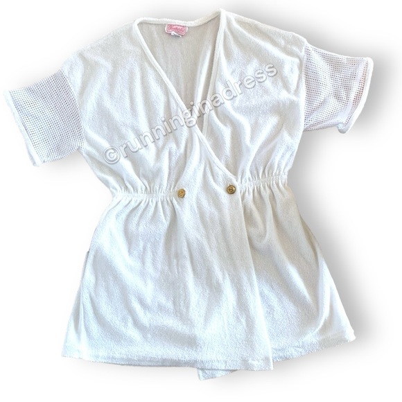 Vintage 80’s  Nautical Terrycloth Wrap Swim Cover Up Robe In White - Picture 8 of 16